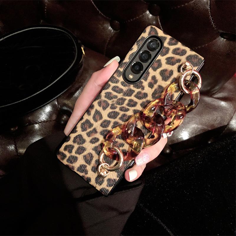 Luxus Leopard Print Pu Leder Telefon Fall Für Samsung Galaxy Z Fold 4 3 5g Abdeckung Mit Handgelenk Strap für Frau Mädchen