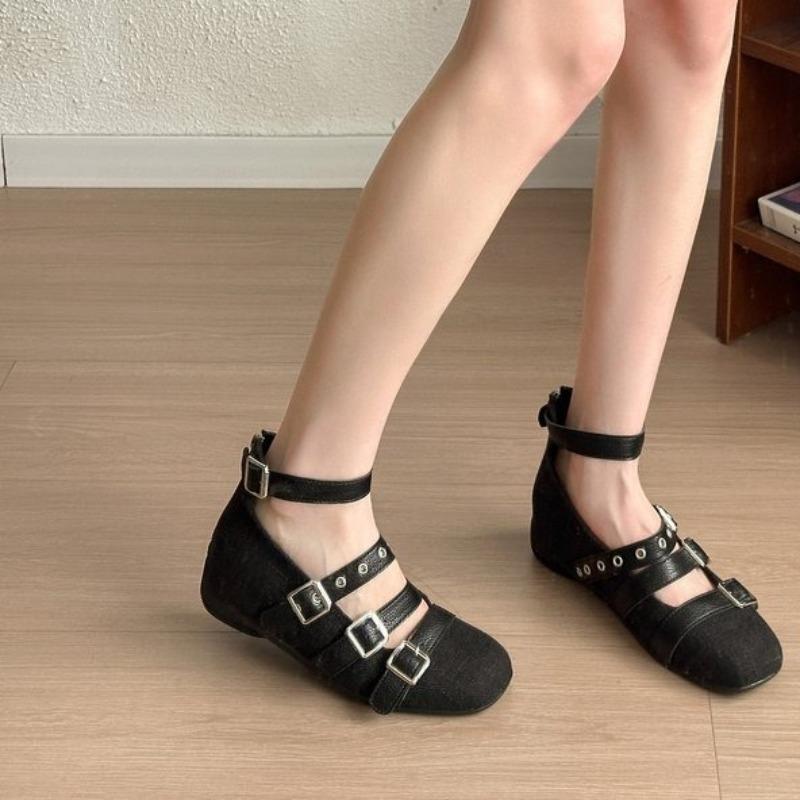 Fashion Fashion Inner Heightened Single Shoes Autumn New Square Toe Shallow Mouth Metal Buckle One-band Soft Sole Kitten Heel Shoes
