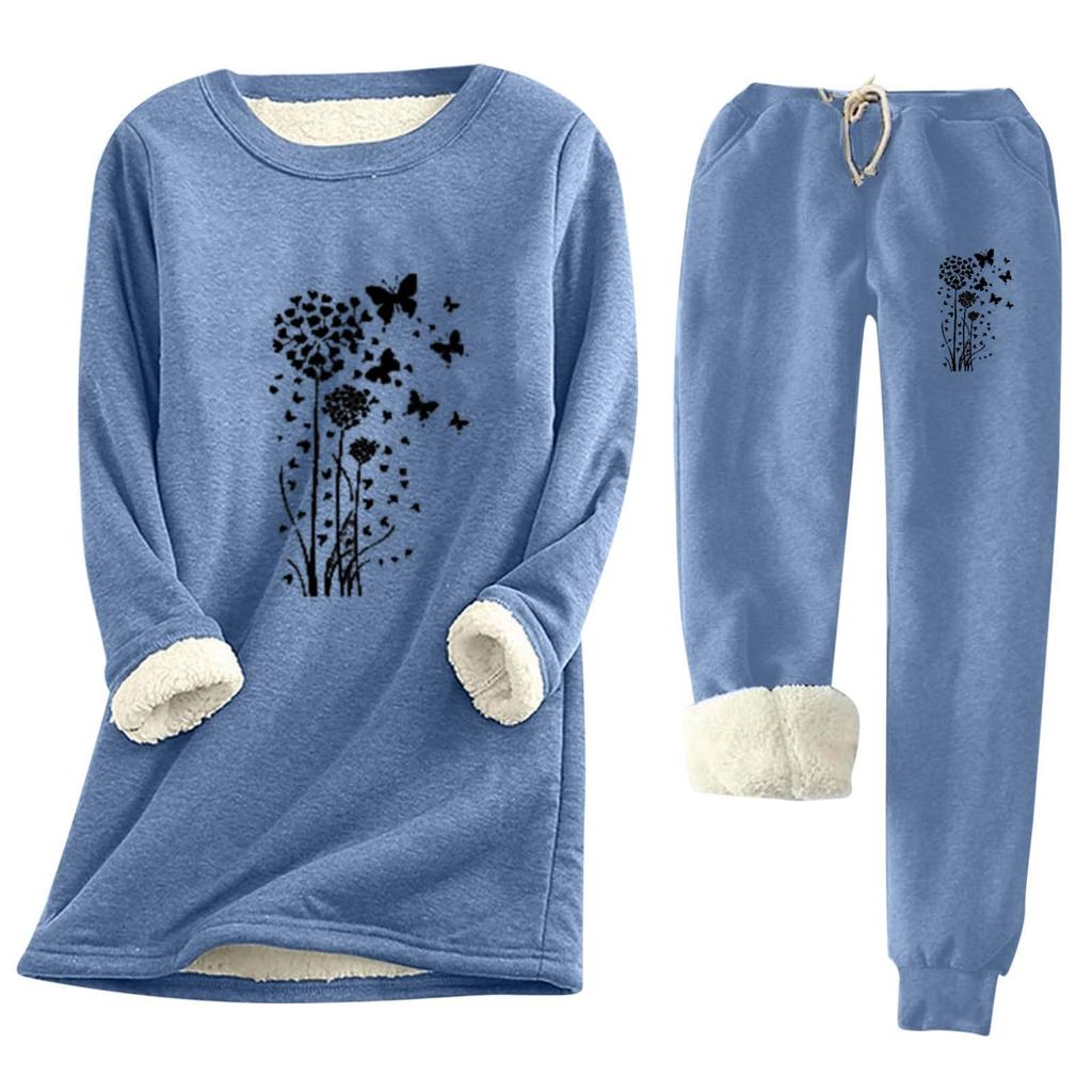 Women's Print Round Neck Warm Suit Long Sleeve Fleece Drawstring Sweatpants Two-Piece Set