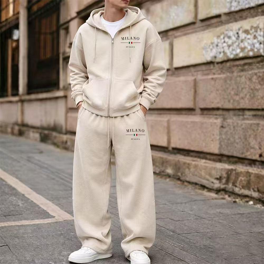 2026 Spring Men's Zipper Hoodie & Wide-Leg Sweatpants Set with Velvet