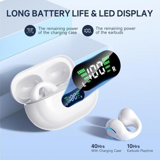 Open Ear Clip Wireless Earbuds Bluetooth 5.3, Sports Earphones Built-in Microphone with Earhooks & Ear Hook, Wireless Charging Case & Display,