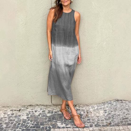 Summer Cotton Linen Dress for Women Casual Sleeveless Tunis Maxi Tank Dress Side Slit Beach Sun Dress