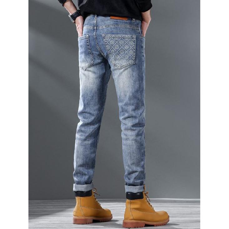 Summer Retro Washed Slim Fit Nine-point Jeans for Men Trendy Printed Versatile Korean Style Casual Stretch Skinny Pants