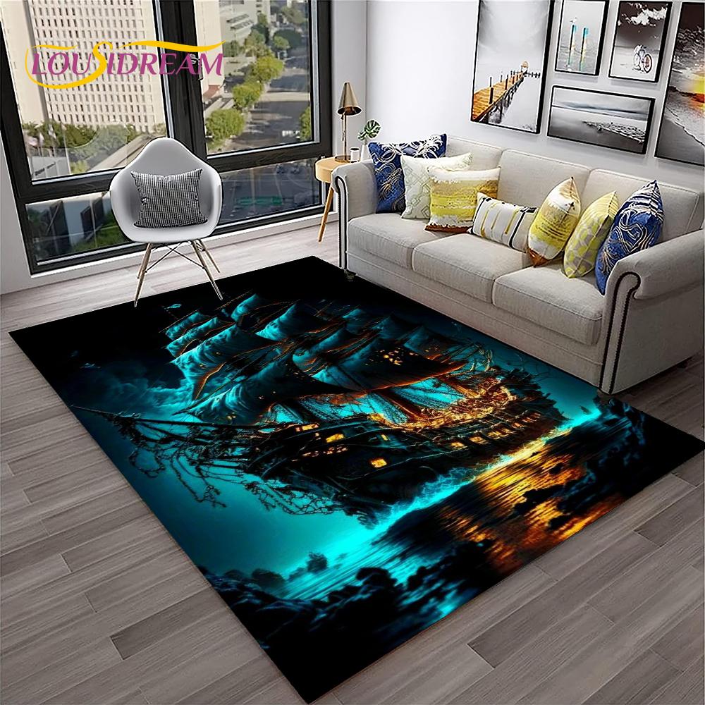 3D Pirate Ship Boat,Sailboat,Barque Carpet Rug for Home Living Room Bedroom Sofa Doormat Decor,kids Area Rug Non-slip Floor Mat