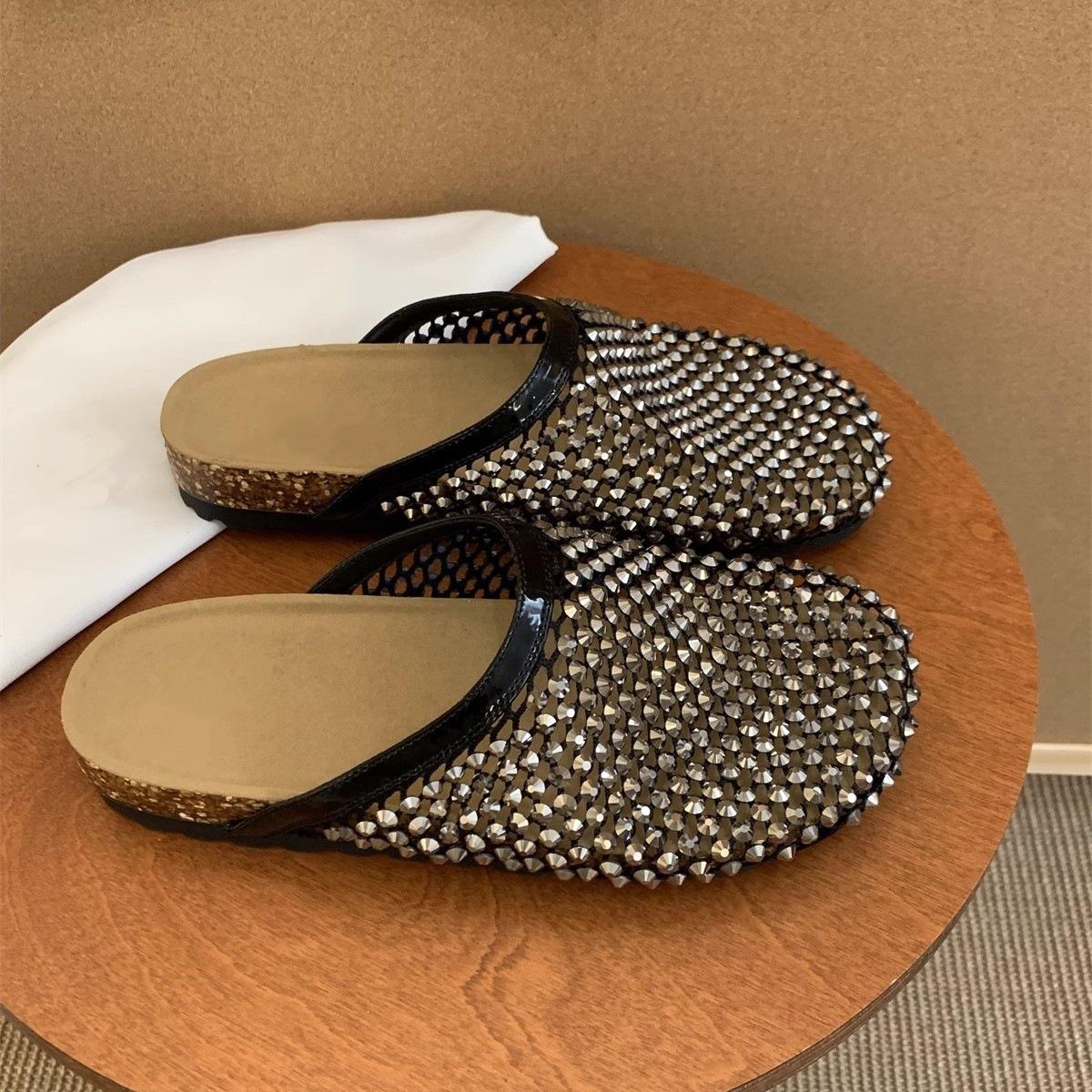 

Bright diamond leakage net breathable bag head slippers women s 2025 summer new thick-bottomed fishing net one pedal outside wearing temperament slipp 35