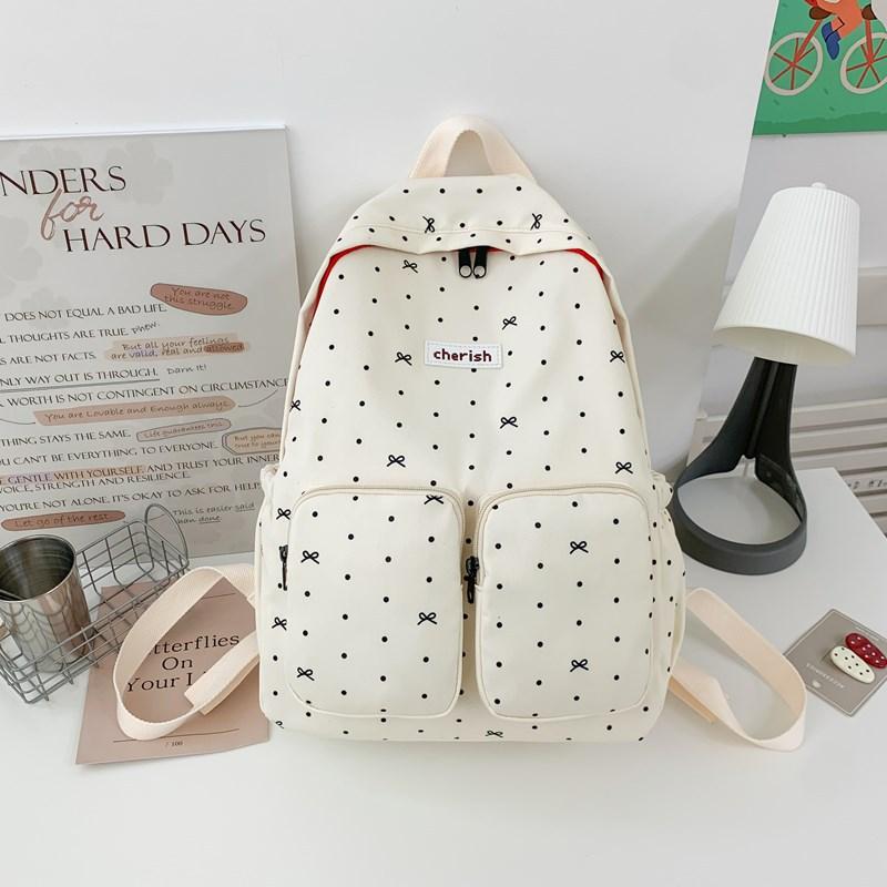 College style schoolbag female college student cute versatile bow computer backpack lightweight junior high school student class backpack бежевый