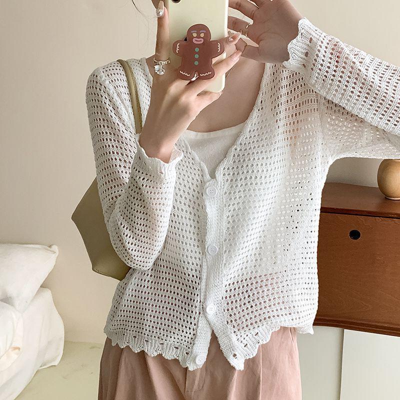 Small Fresh College Hollow Knitted Sweater Cardigan Women's Summer Thin Loose Long-sleeved Sunscreen Shawl Top