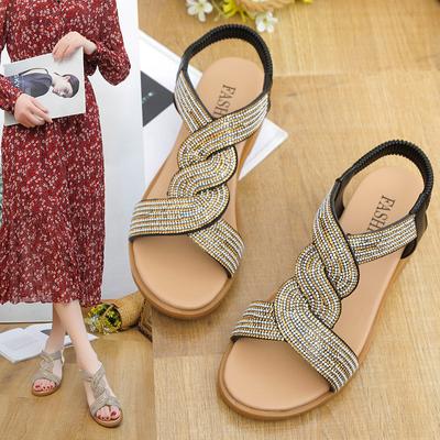 Satış Kama Sandaletler Yaz Çapraz Geniş Şerit Tasarım Duygusu Yapay Elmas Moda Günlük Kadın Ayakkabıları Ins Tide