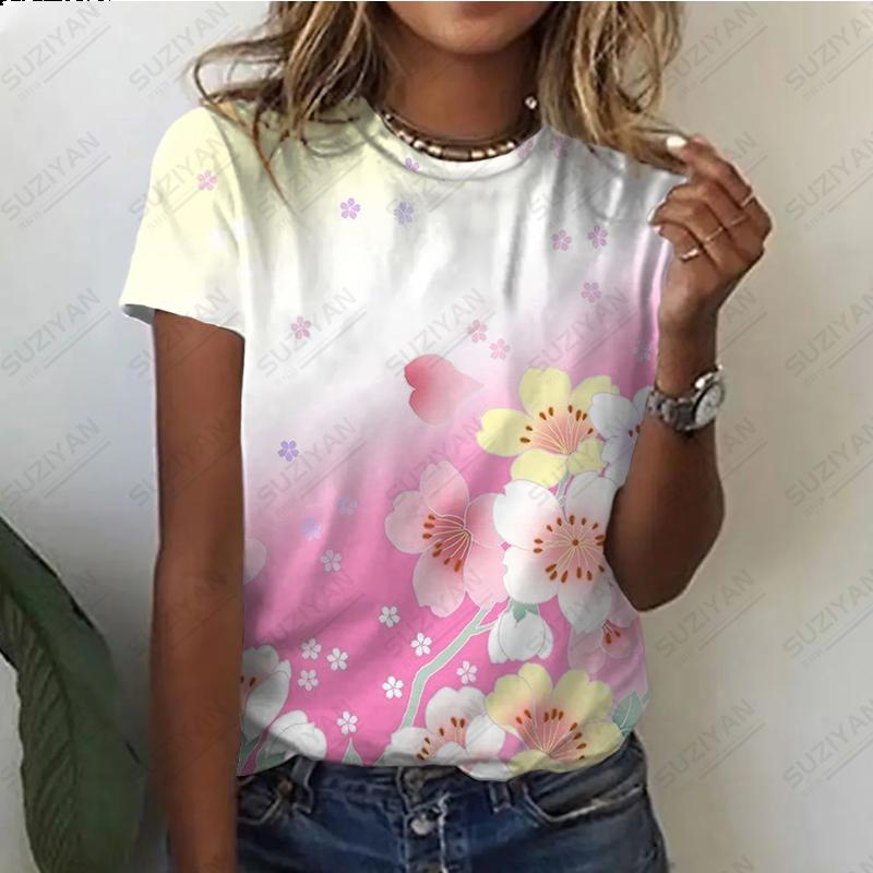 Nowy damski, luźny, duży top ze stylowym i stylowym temperamentem. Druk 3D. Prosty damski top z okrągłym dekoltem i krótkim rękawem.