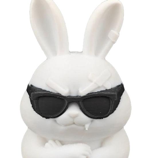 3D Printed Funny Cool Bunny Figurine Small White Rabbit Statue with Sunglasses for Office Computer Desk Bookshelf Room Decor