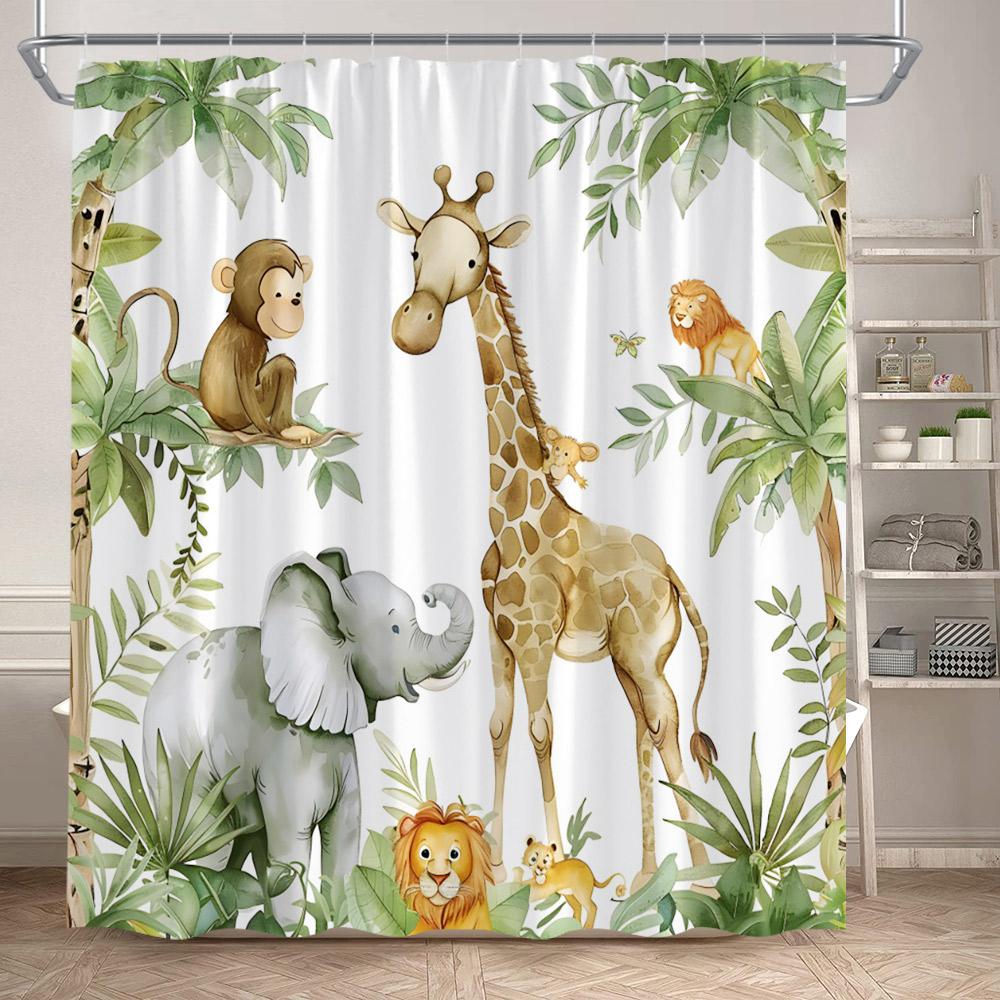 Cartoon Wild Animals Shower Curtains Lion Elephant Giraffe Monkey Forest Wildlife Kids Bath Curtain Fabric Home Bathroom Decor