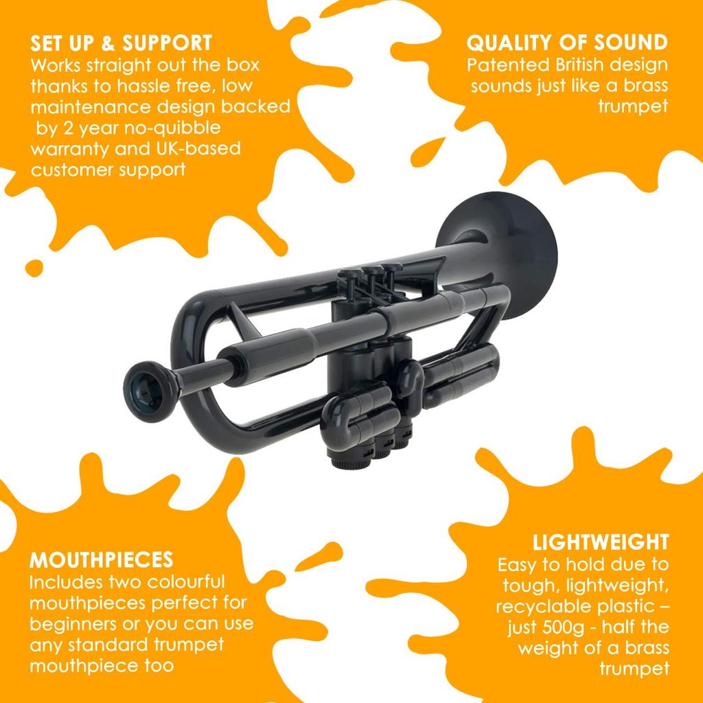 pInstruments pTrumpet Bb Plastic Wind Made of Lightweight and Durable ABS with Antibacterial Black and Carrying Bag Instrument, Bio-Coated Coating,