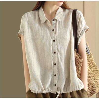 Short Sleeved Cotton Top Women's Casual Temperament Shirt Summer Blouses Drawstring Cardigan Versatile Artistic