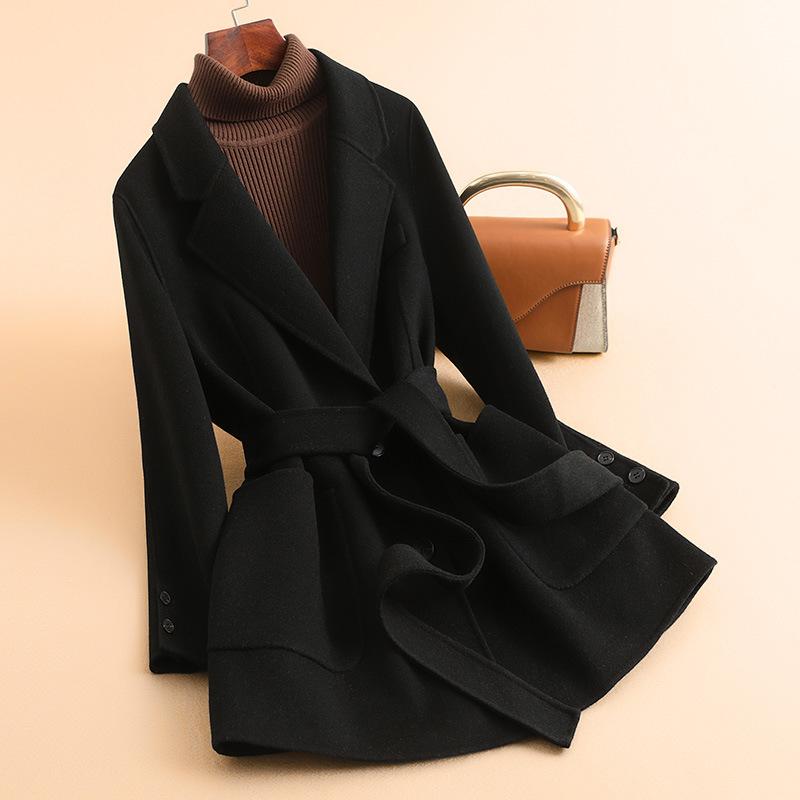 Autumn new wool coat women's fashion double-sided woolen coat lace-up medium and long coat coat