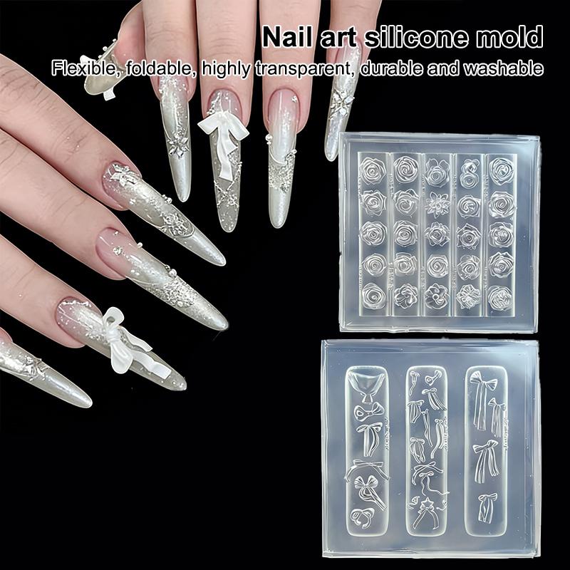 1 Stück Silikon Schleife Nagelkunstform Rosenblüten-Strauß-Stil Hochtransparent 3D-Nageldekorationen Nagelanhänger DIY Maniküreform
