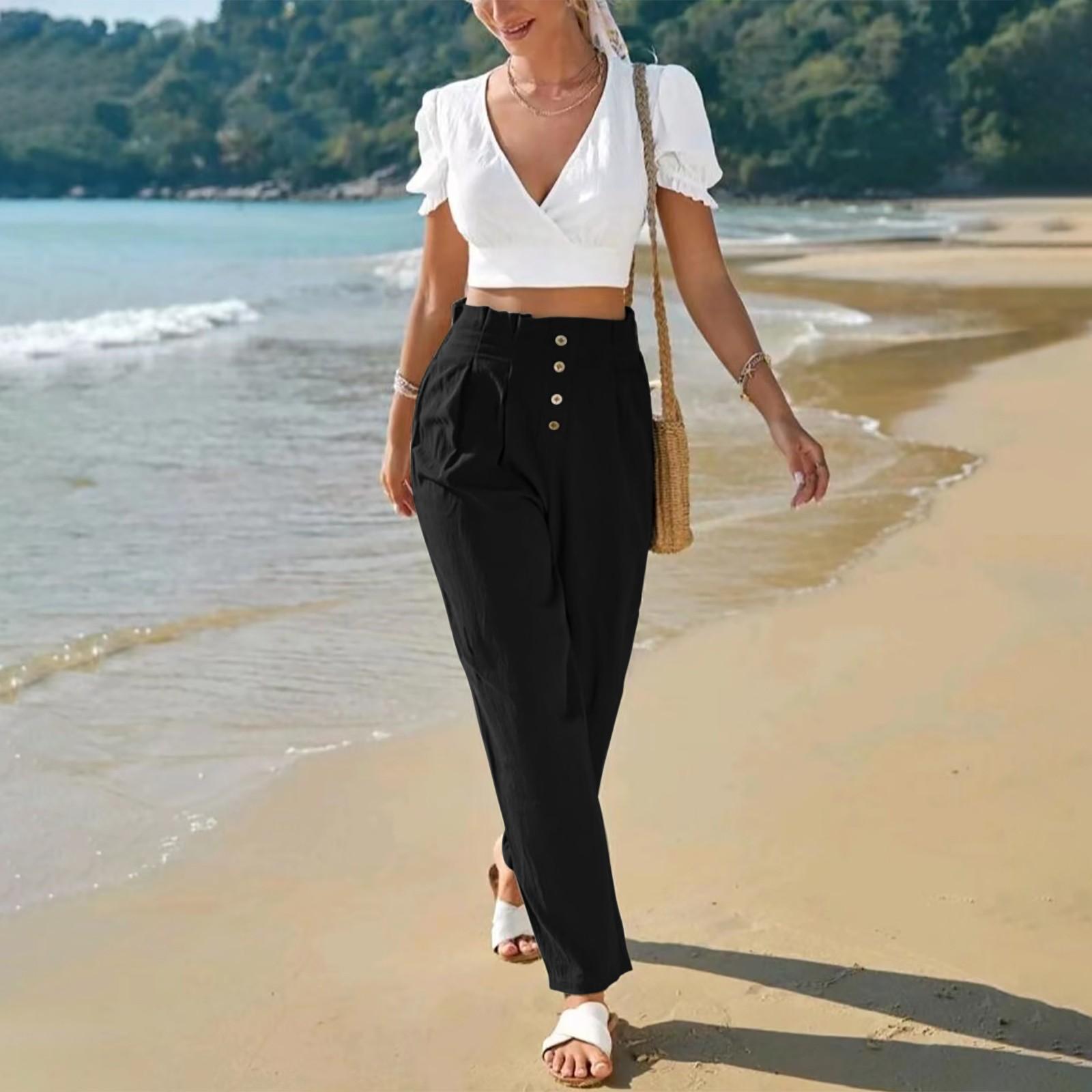 

Women s Wide Leg Pants High Elastic Waisted In The Back Business Work Trousers Long Casual Pants L чёрный