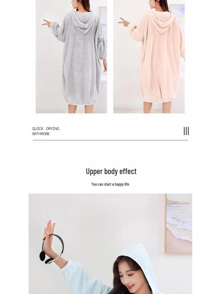 Women's Quick-Drying Hooded Coral Fleece Bathrobe for Spa, Sauna, and Home