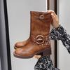 Miu * Home Knight Boots Belt Buckle Thick Heel Martin Boots Women's Leather Retro Knee Boots Western Cowboy Boots