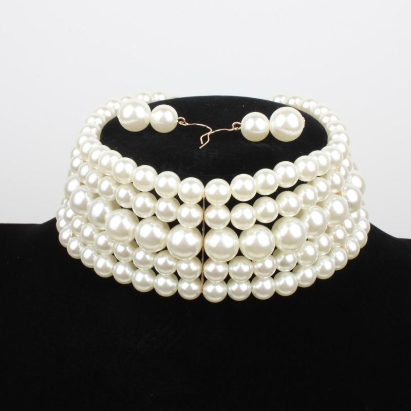 Fashion Faux Pearl Layered Necklace and Earrings Vintage Choker Necklace Jewelry Multi-Strand Pearl Choker Necklaces