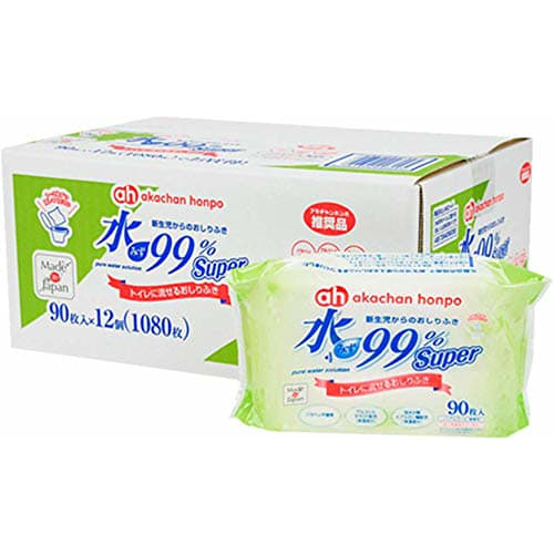 Akachan Honpo Baby Honpo 99% Water Super Flushable Baby Wipes, 90 Sheets X 12 Packs