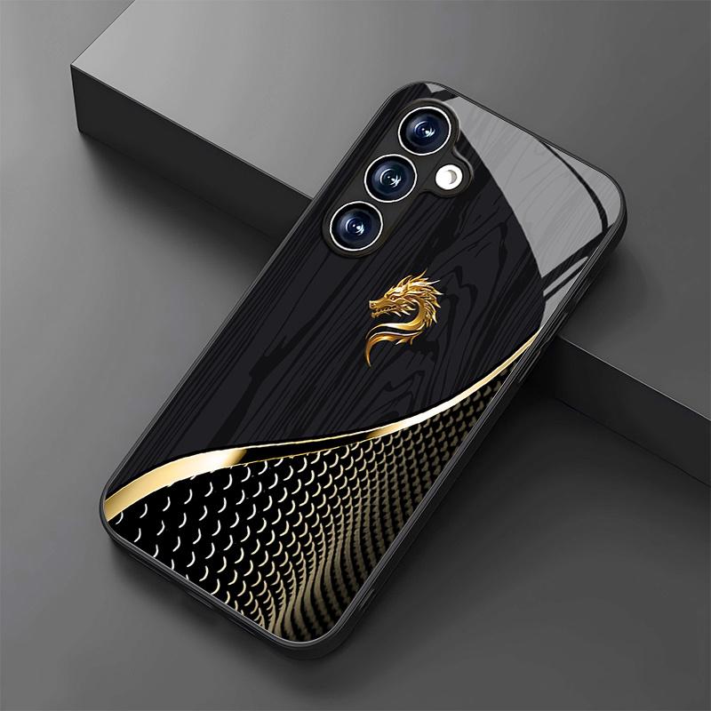 Golden dragon head texture black glass phone case suitable for Samsung Galaxy S26 S25 S24 S22 S21 S20 FE/Ultra/Plus anti drop