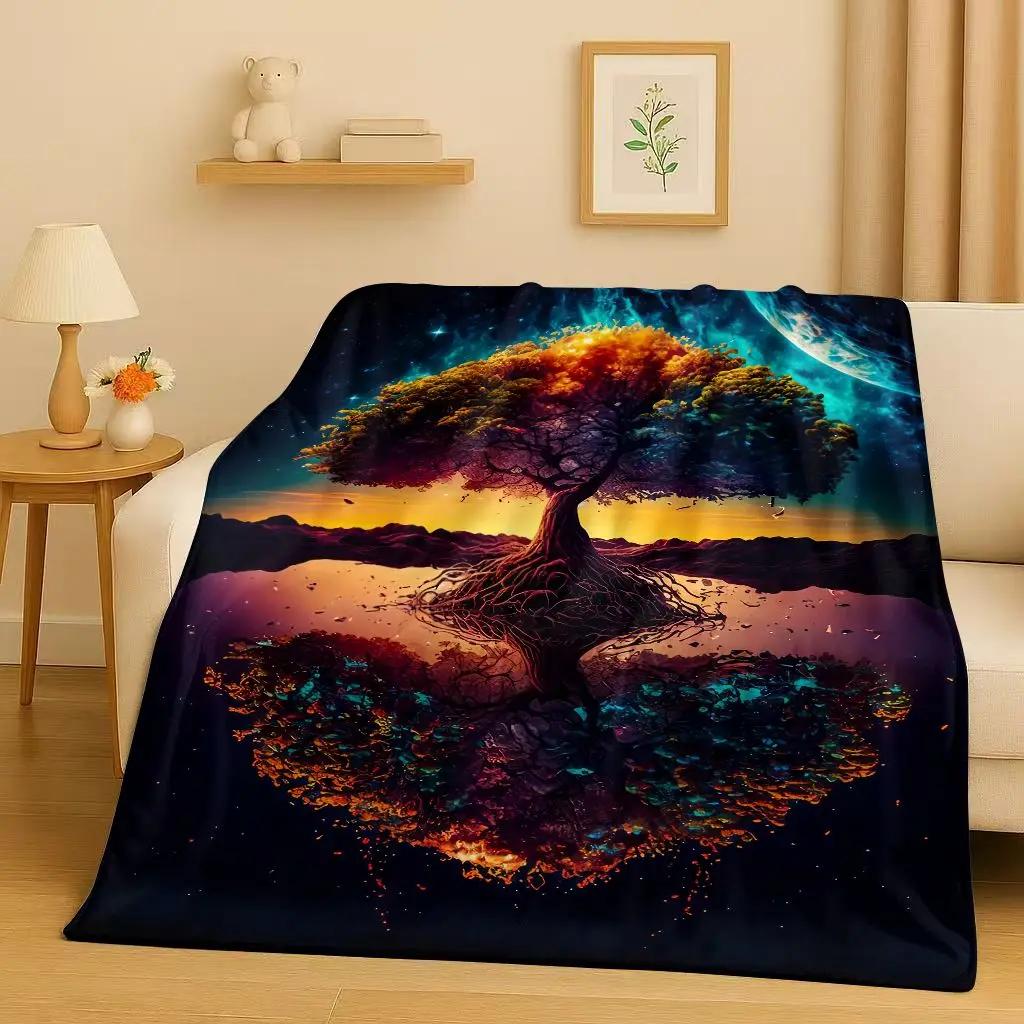 3D Retro Colorful Tree of Life Yggdrasil Celtic Rune Flannel Blanket,Ultra Soft Plush Throw for Home Bedroom Bed Sofa Cover Kids