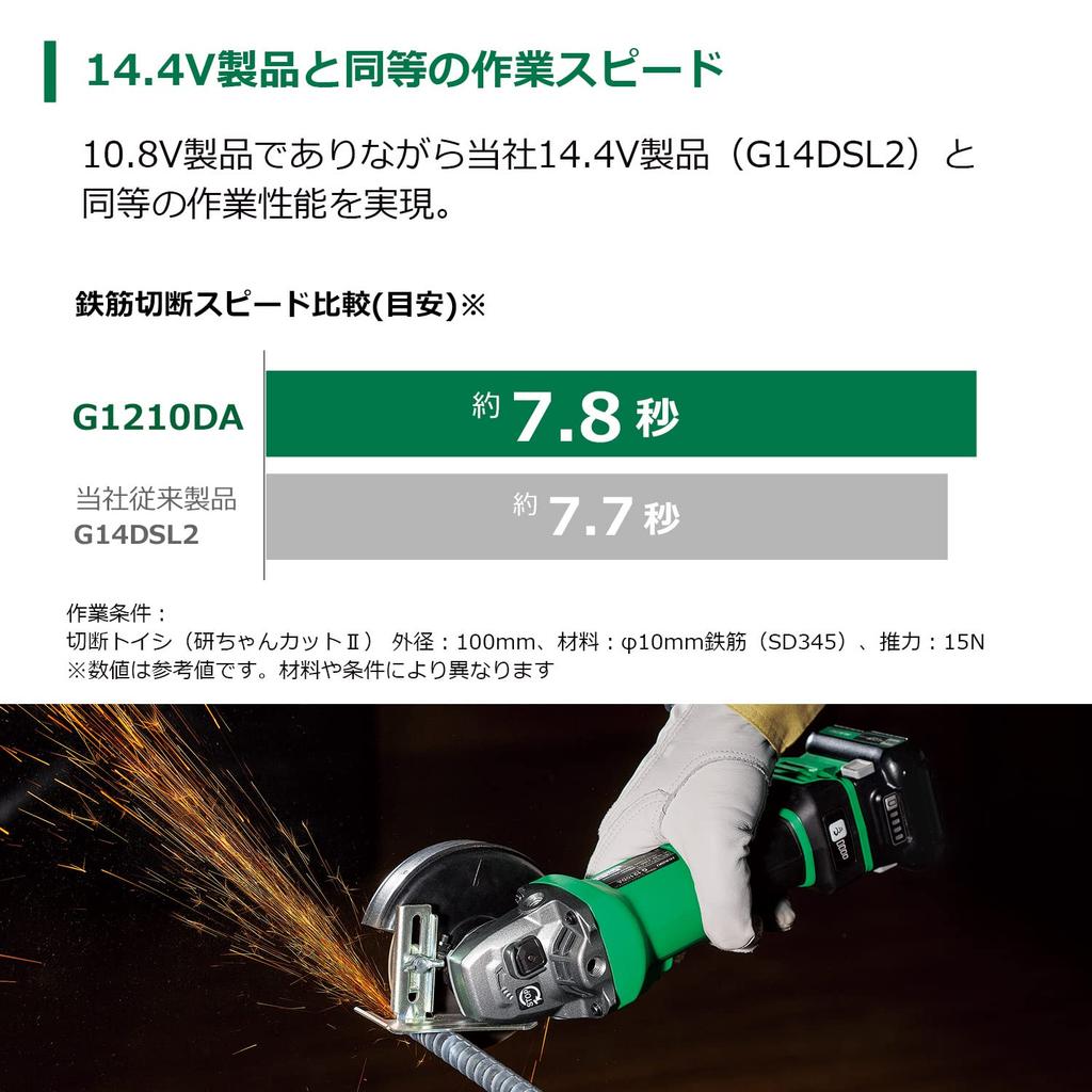 HiKOKI Rechargeable Disc Grinder 100mm Strong Includes 2 and G1210DA 10.8V G1210DA, Grit, Black, Batteries, Charger, Case, (2LSBK)