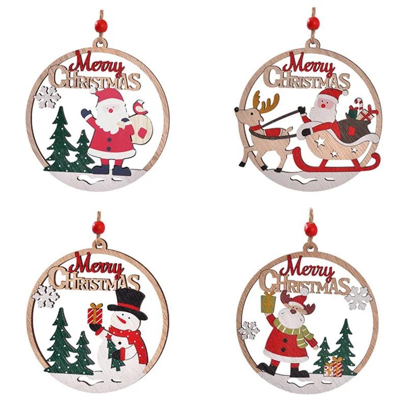 Safe Wood Tag Wooden Hanging Christmas Ornaments Hollow Wood Cutouts Round Reindeer Xmas Tree Wooden Ornaments Rustic Holiday