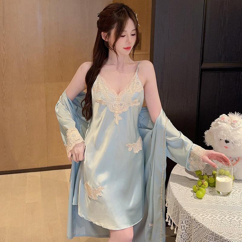 1011 New Women's Summer Ice Silk Pure Desire Style Nightgown Set, Lace Sexy Nightgown Two-Piece Set