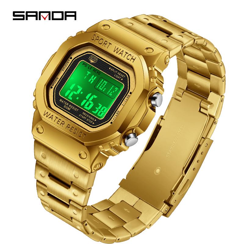 Sanda Men's Square Waterproof Electronic Watch with Fashionable Light and Alarm Clock.