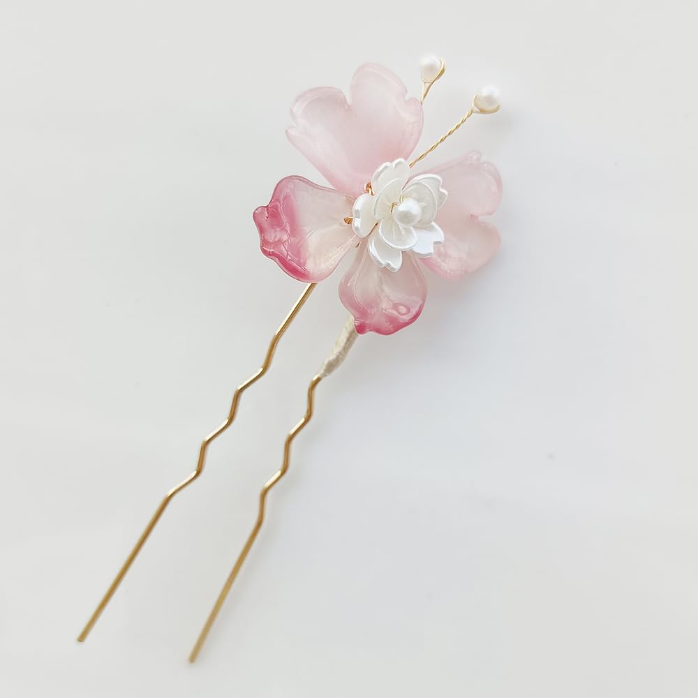 Hair Ornament Set with Flower and Butterfly Stylish Kanzashi Hairpin for Entrance Hanfu 2-Piece Design, U-Pin, Kimono, Yukata, Graduation, Ceremony,