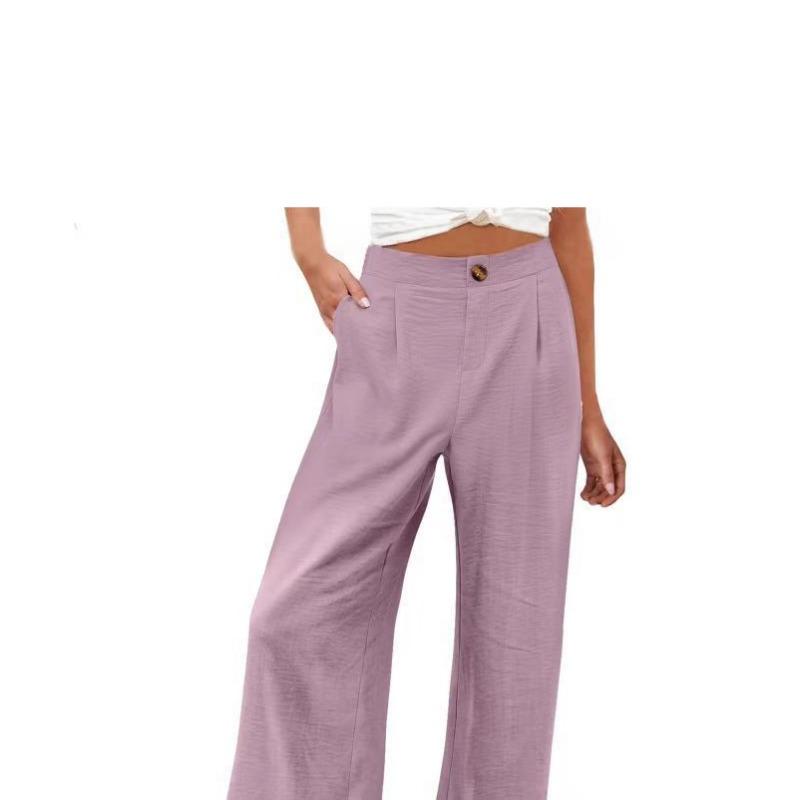 Women Solid High Waist Single Button Front Pleated Loose Wide Leg Comfort Casual Long Trousers