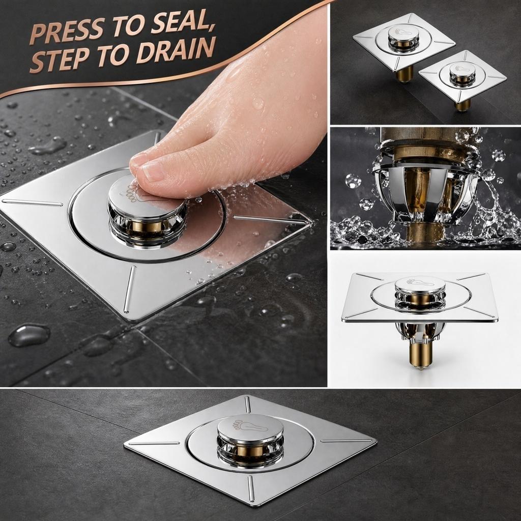 Stainless Bathroom Floor Cover with -Odor, Push & Foot Press -Up for Pipe