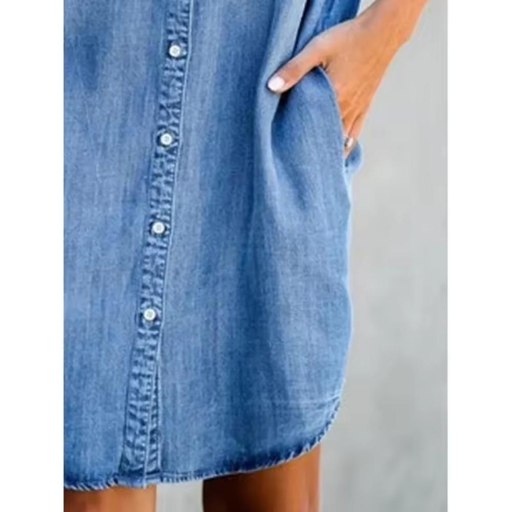 Women's Summer Denim Shirt Dress Stand Collar Short Sleeve Single Breasted Dress Loose Pocket Simple Retro Office Short Skirt