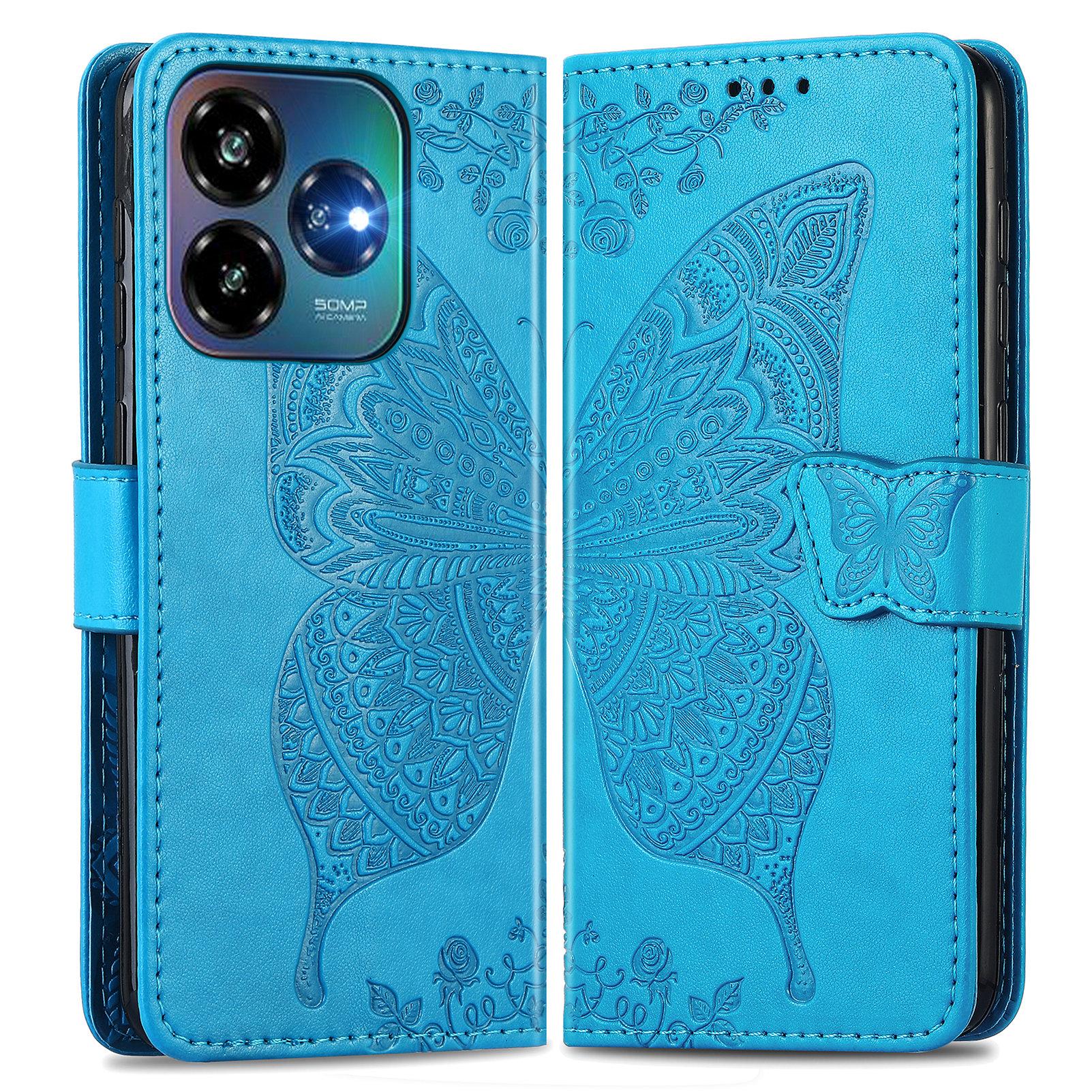 

For ZTE Blade V60 Vita Case PU Leather Wallet Phone Cover Butterfly Pattern Blue