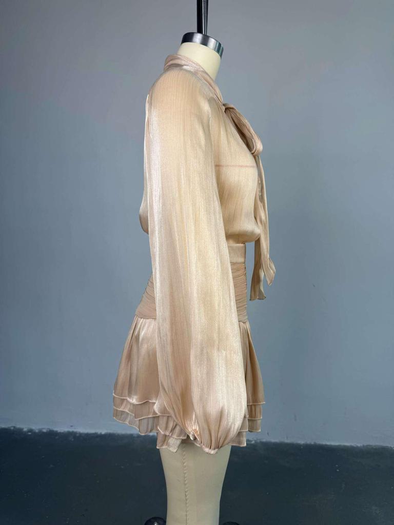 European-American Women's Fashion: Bow-Tie Top & Ruched Midi Skirt Set