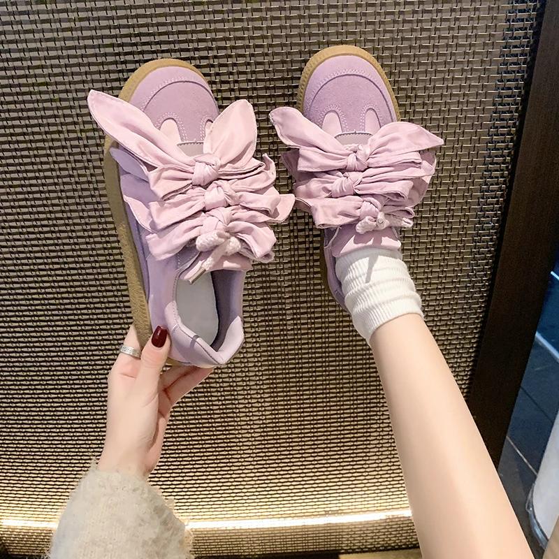 Fashion Women's Vulcanize Shoes Flat Sole Bow Lace-up Forrest Gump Shoes Leisure Spring Autumn New Retro Suede Sweet Zapatillas De Mujer
