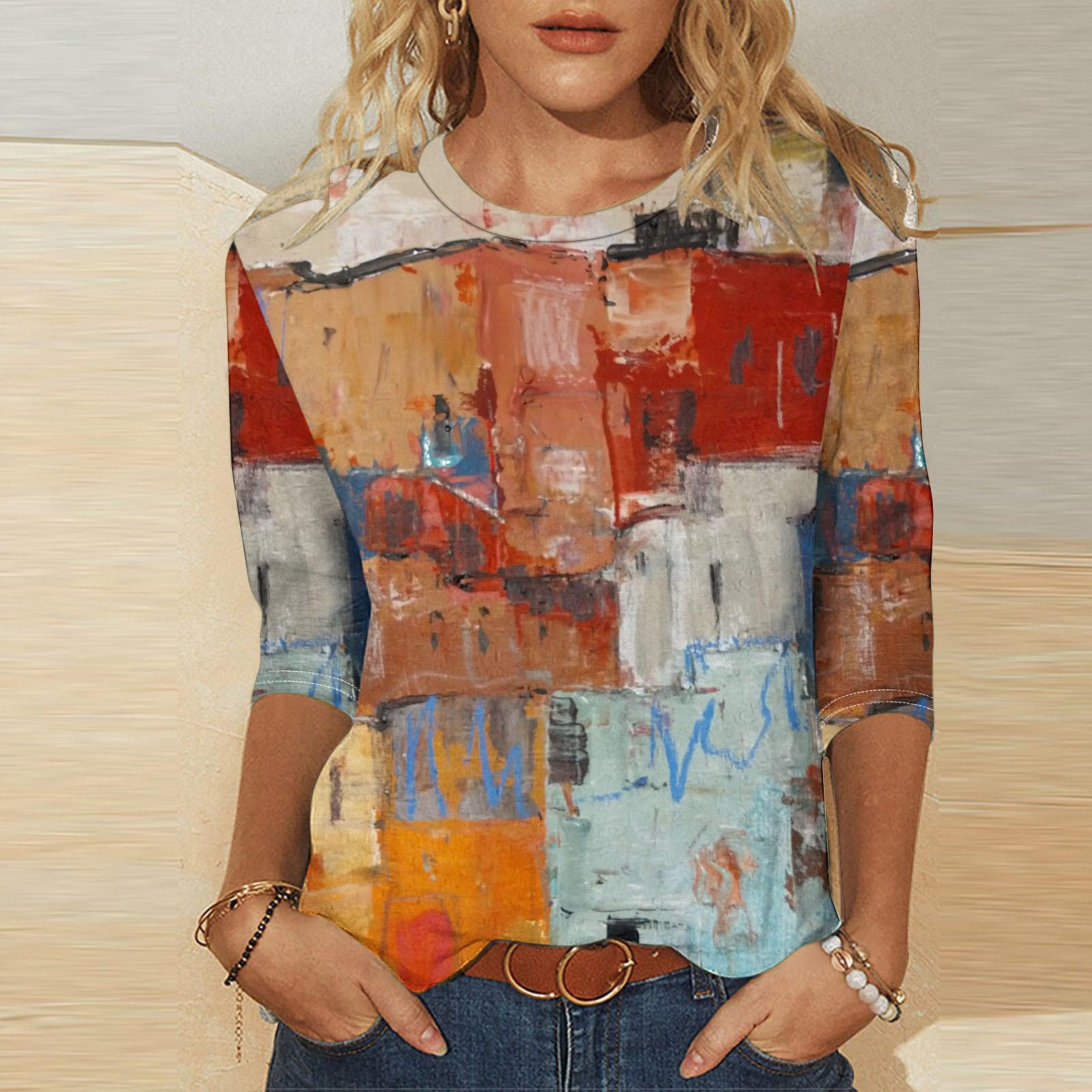 

Круглый вырез 3D ретро масляная живопись принтованный топ модные повседневные длинные рукава женские футболки 5XL