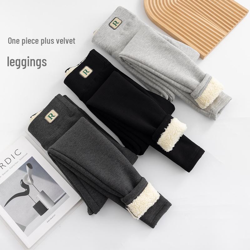 Women's High Waist Fleece-Lined Ribbed Leggings - Warm, Comfortable, Cotton, for Autumn and Winter Wear, Nine-Point Length.