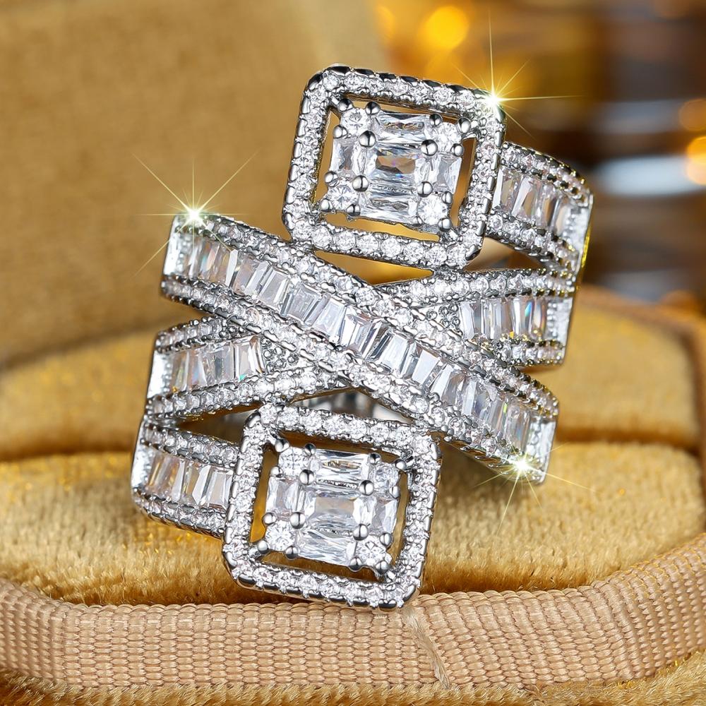 Sparkling Rectangular White Zircon Geometric Rings for Women Wedding Engagement Jewelry Gift