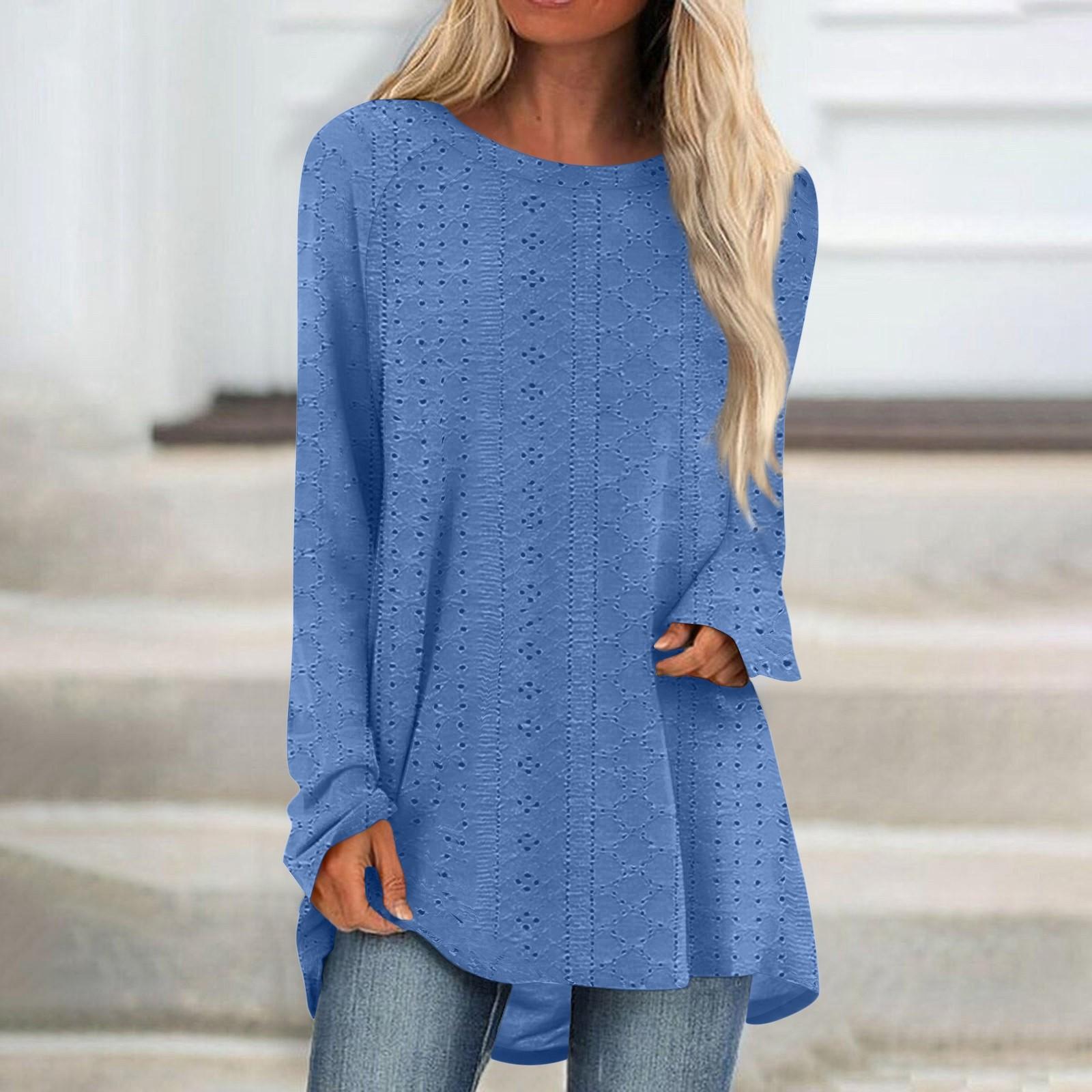 

Womens Tops Round Neck Long Sleeve Blouses Casual Mid-length Shirts Fashion Print Tunic Tops S синій