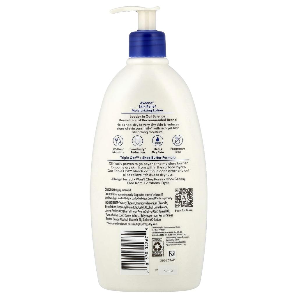 Aveeno Skin Relief Moisturizing Lotion, Dry, Very Dry, Sensitive Skin, Fragrance Free, 18 Fl Oz (532 Ml)