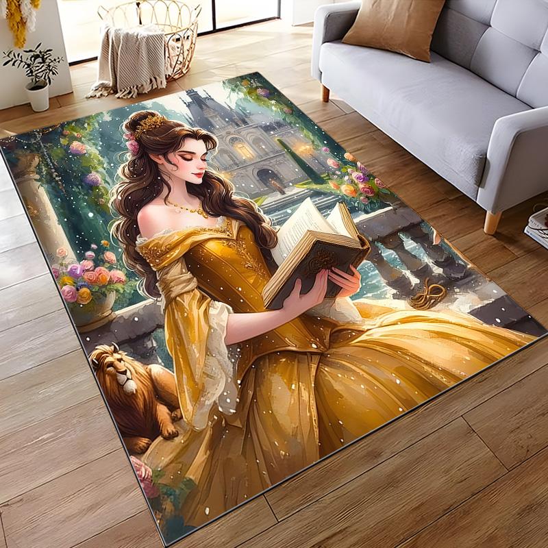 Runner Rug Belle Reading Book on Balcony by Fairy Tale Castle Golden Gown Beauty and the Beast Cartoon Home Decor Bedroom