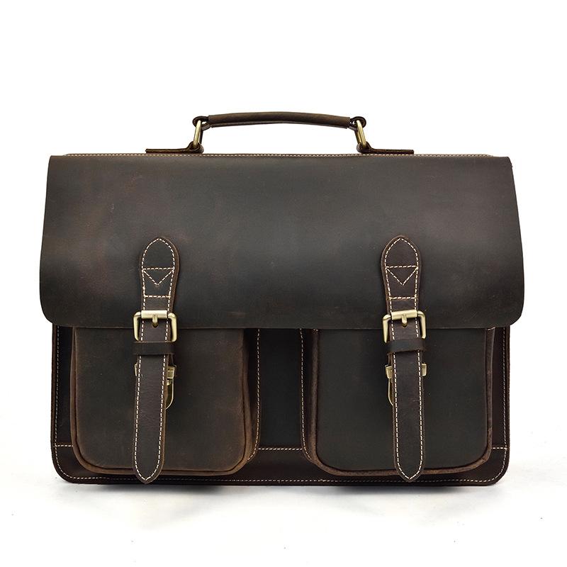 Retro Briefcase Crazy Horse Leather Large Capacity Leather Computer Bag 15 Inch Shoulder Handbag Business Bag
