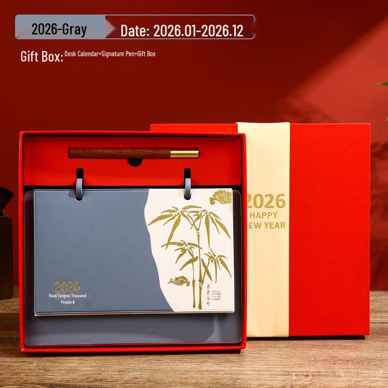 2026 Year of the Horse Leather Desk Calendar with Pen Holder, Custom Logo, Monthly Overview, Multifunctional Office Ornament.