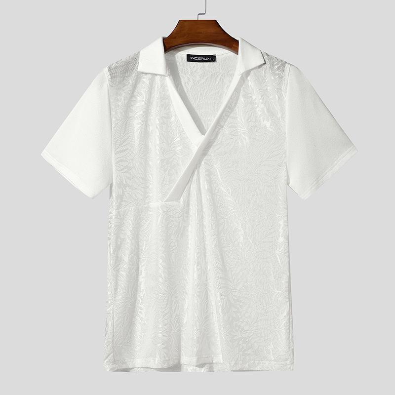 

INCERUN Men V Neck Short Sleeve Floral Mesh Sheer Patchwork Tops T-shirts S белый