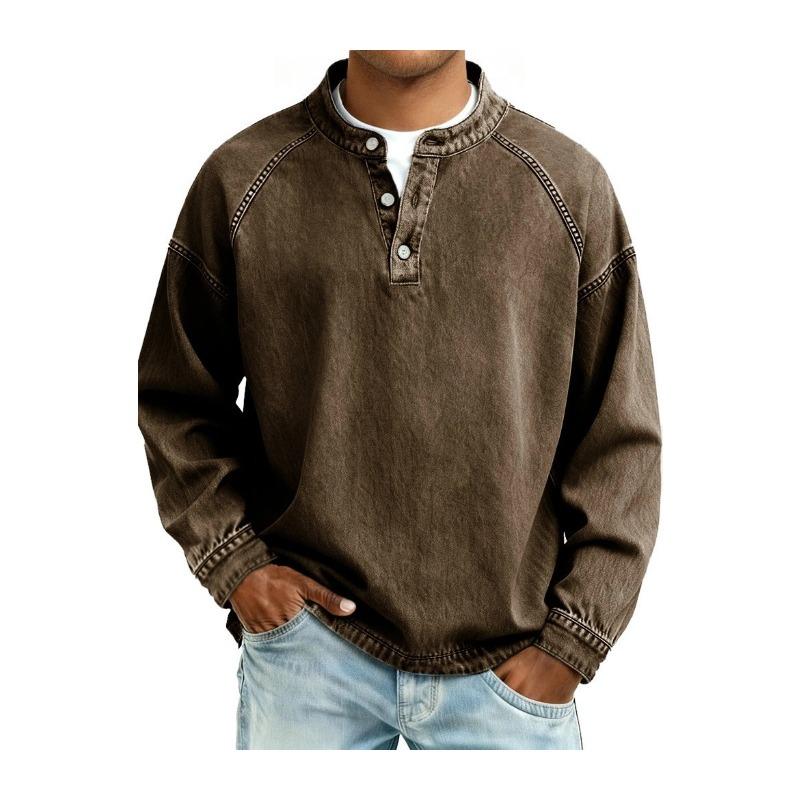 Men's Long Sleeve Pullover Shirt, Loose Fit Polyester Solid Color Rounded Collar Shirt with Button Detail, Casual All Season Top
