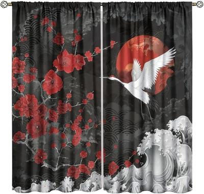 Japanese Blackout Curtains Cherry Blossom Sunrise Crane Asian Style Window Drapes for Living Room Bedroom 42" W X 45" L
