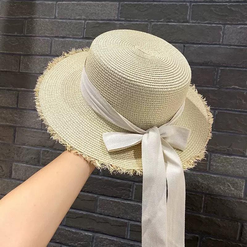 Flat-top straw hat women's straw top hat, new summer big-brimmed sun hat, seaside vacation sun hat