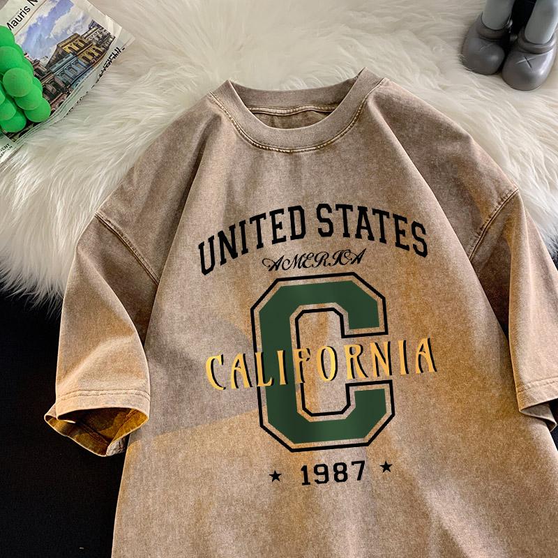 United States California Letter T-shirt Men Retro Printing Shirt Cotton Vintage Washed Tee Unisex Street Loose T-shirts
